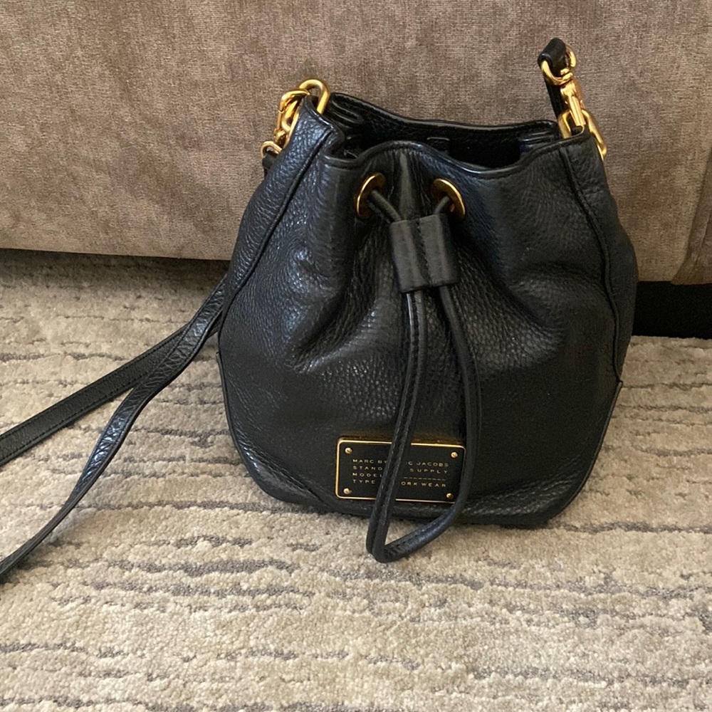 Marc by Marc Jacobs Black Leather Drawstring Crossbody with Gold Hardware
